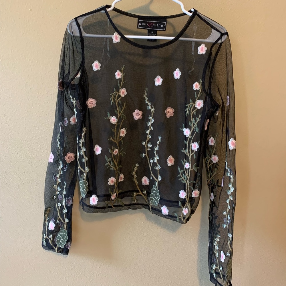 Mesh embroidered flower shirt